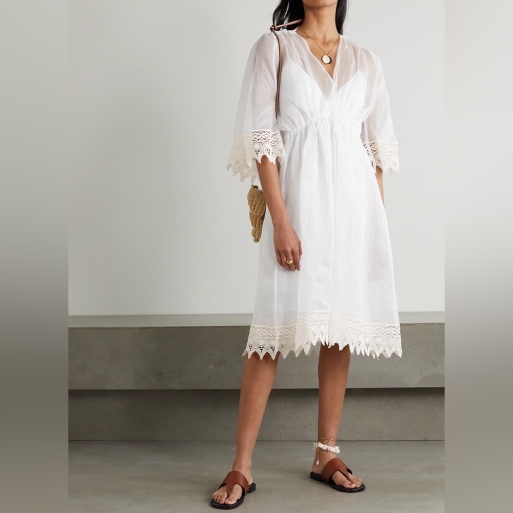 NWT Loewe Macrame Trim Sheer Midi Dress White Bridal Organza Sz 38